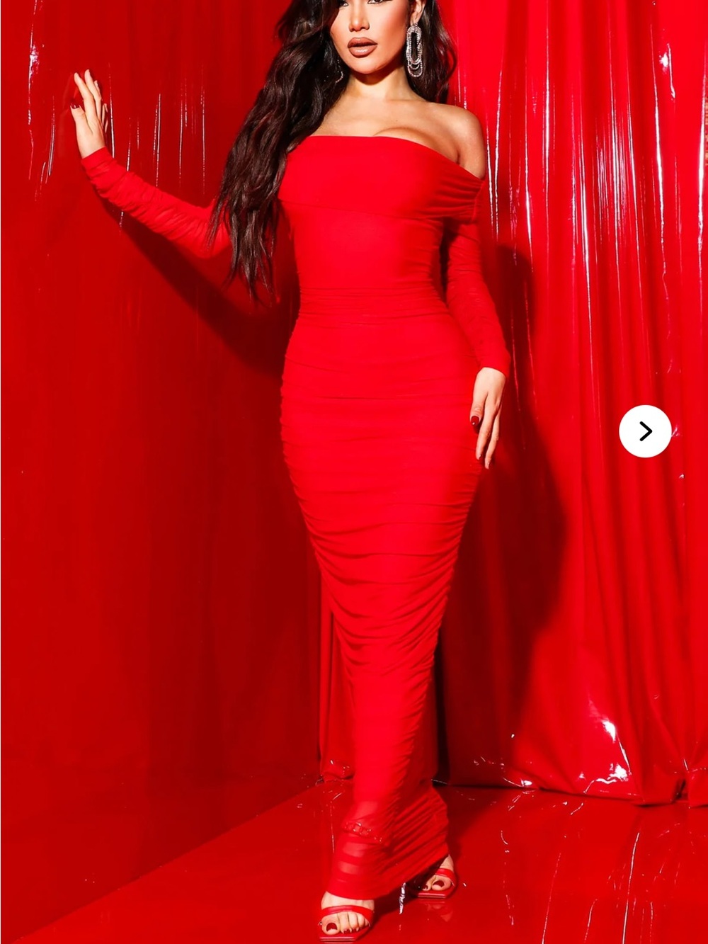 Fashion Nova Red Off-the-Shoulder Long Sleeve Gown